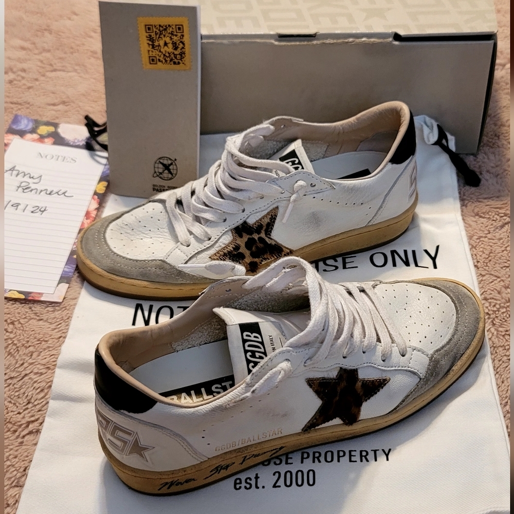 Golden Goose Ballstars Sneakers Size 38 Leopard Horsy Star Suede Toe EUC!